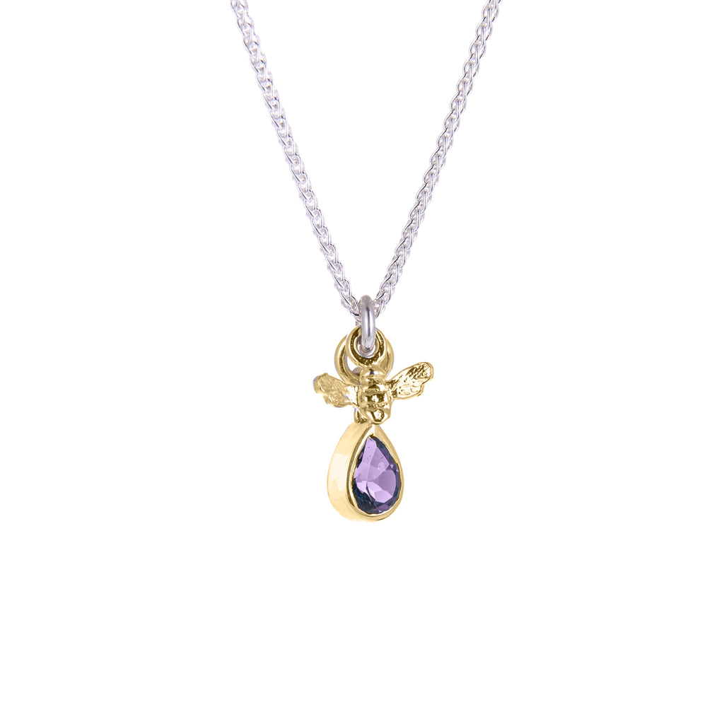 Tiny bee and Pear shaped amethyst pendant on silver chain