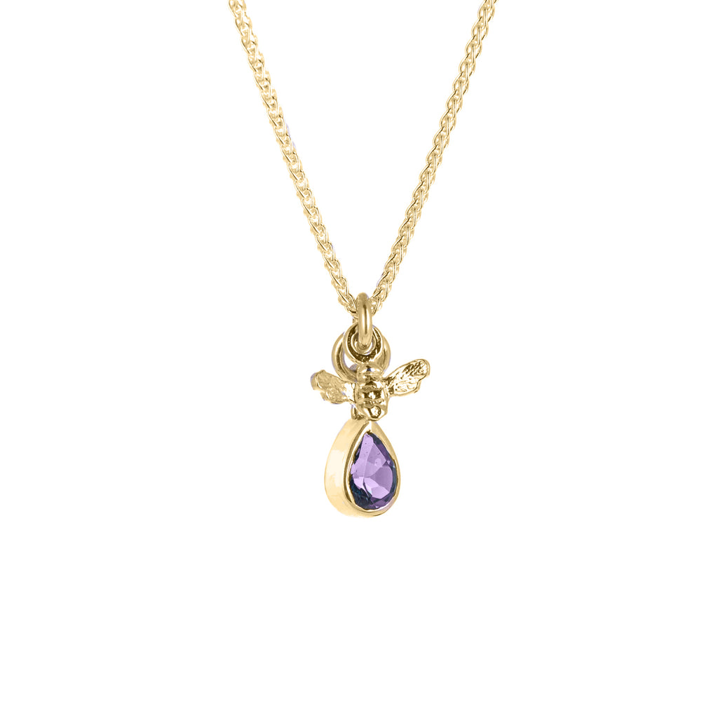 Gold bee and purple stone pendant on gold chain