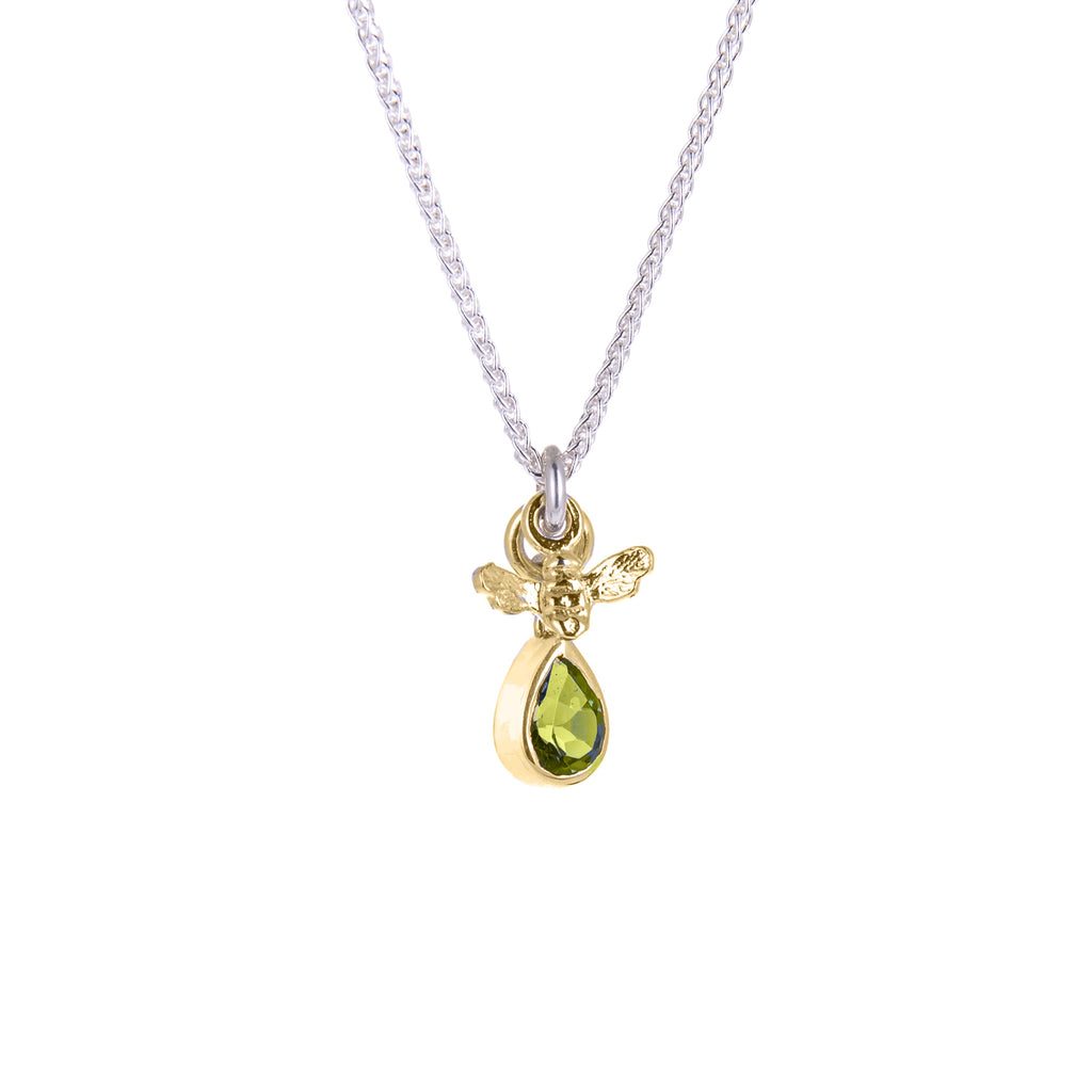 Sweet Bees Silver Mini Gemstone Necklace with Pear Peridot & Tiny Bee