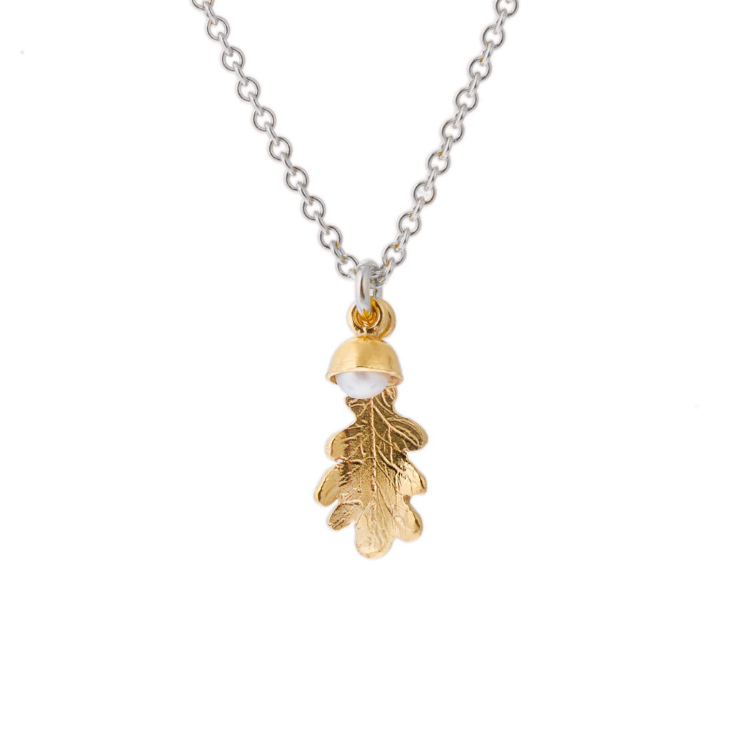 Tiny Oak Leaf and Pearl Acorn Necklace