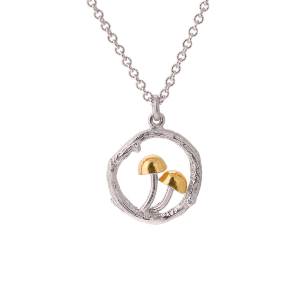 Circular silver pendant with 2 tiny mushrooms with gold caps inside